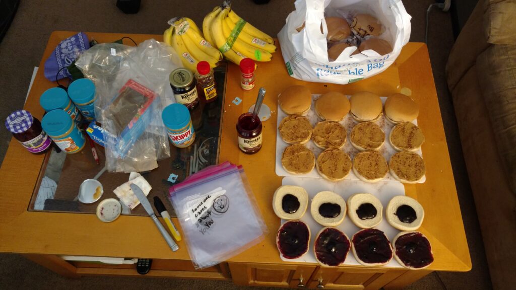 I started with peanut butter & jelly sandwiches, bananas, and bottles of water.
